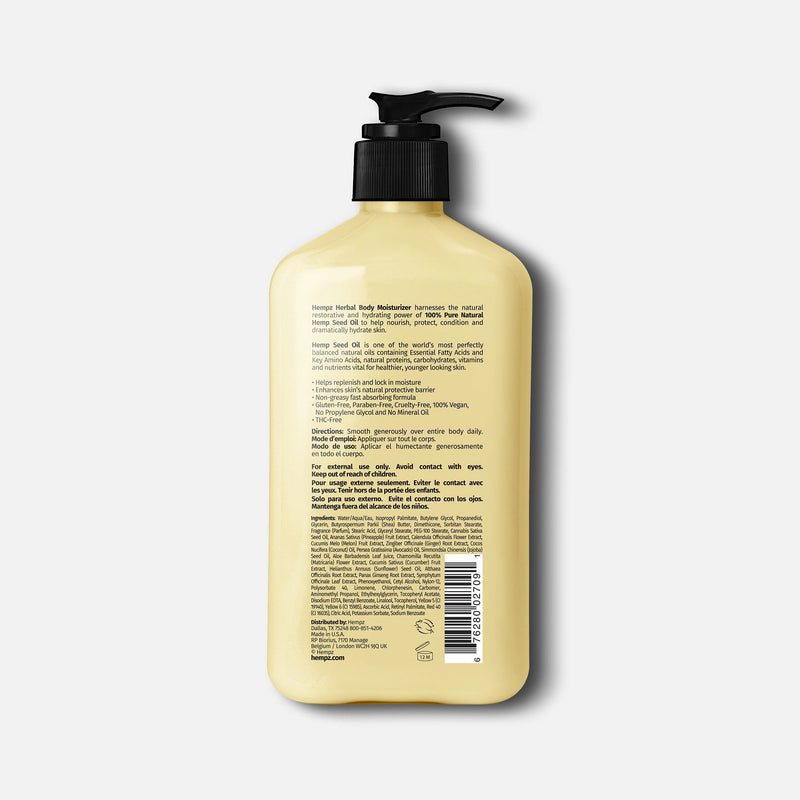 Back of Hempz Sweet Pineapple & Honey Melon Herbal Body Moisturizing Lotion with 100% pure hemp seed oil